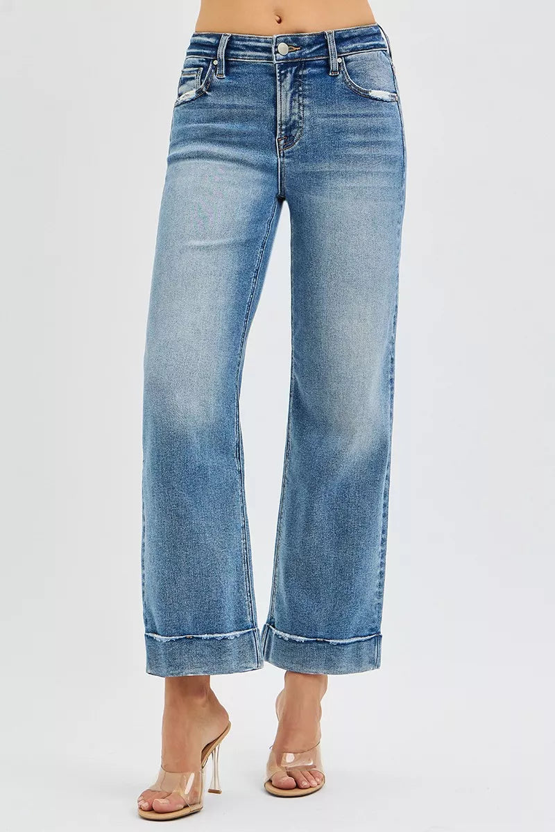 Risen Mid Rise Crop Straight Taylor Cuffed Jeans