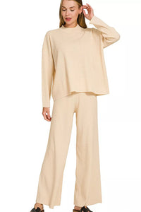 Viscose Sweater Knit Top &amp; Pants Two-Piece Set in Light Beige