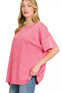Zenana Acid Wash French Terry Oversized Tee in Fuchsia