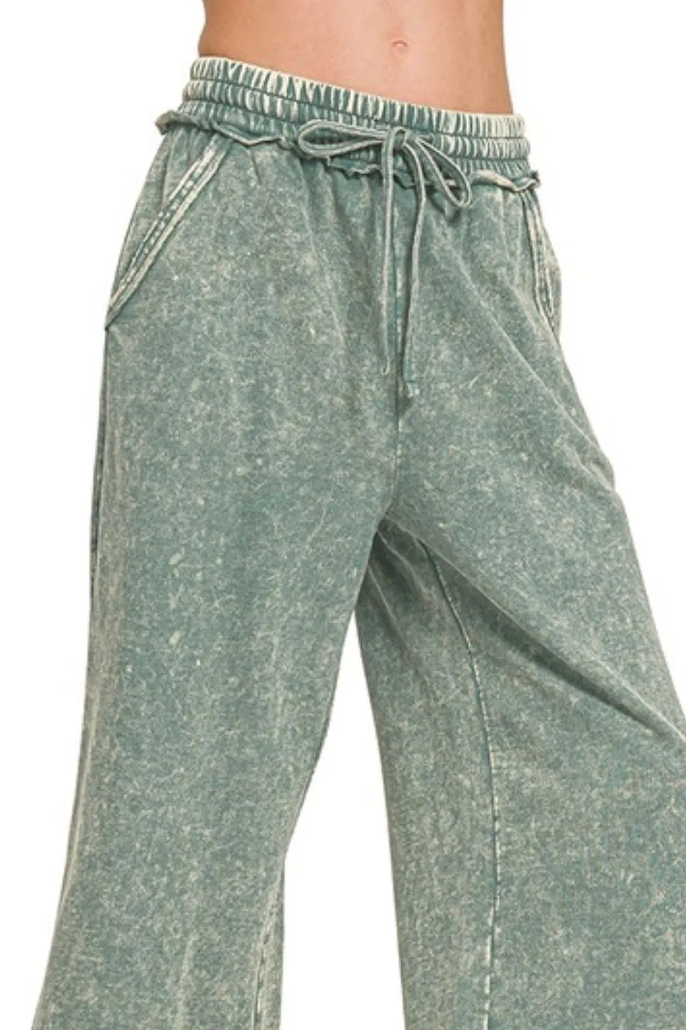 Acid Wash French Terry Wide Leg Palazzo Sweatpants in Ash Jade