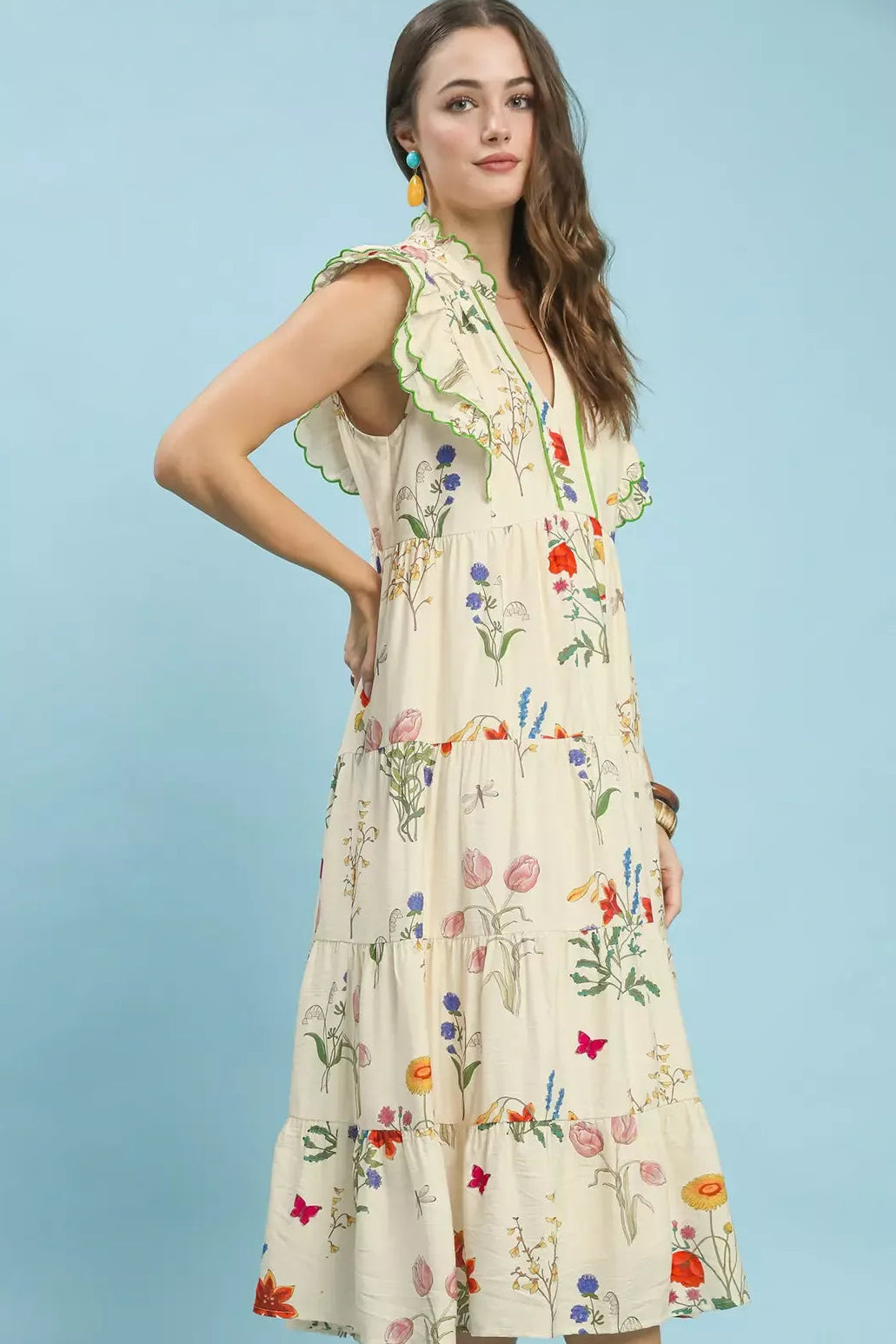 Floral Scalloped Detail Ruffle Tiered Midi Dress