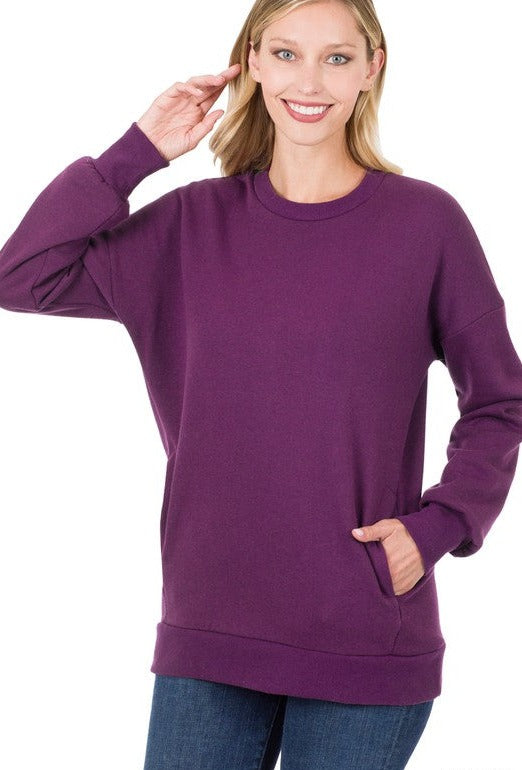 Round Neck Longline Sweatshirt Pullover w/ Side Pockets