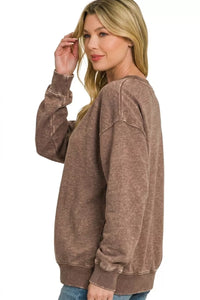 Zenana Fleece Enzyme Washed Round Neck Sweatshirt