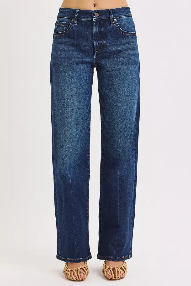 Risen Mid Rise Dark Wash Wide Baggy Jeans