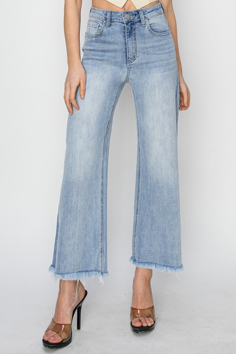 RISEN High Rise Crop Wide Leg Fray Hem Jeans