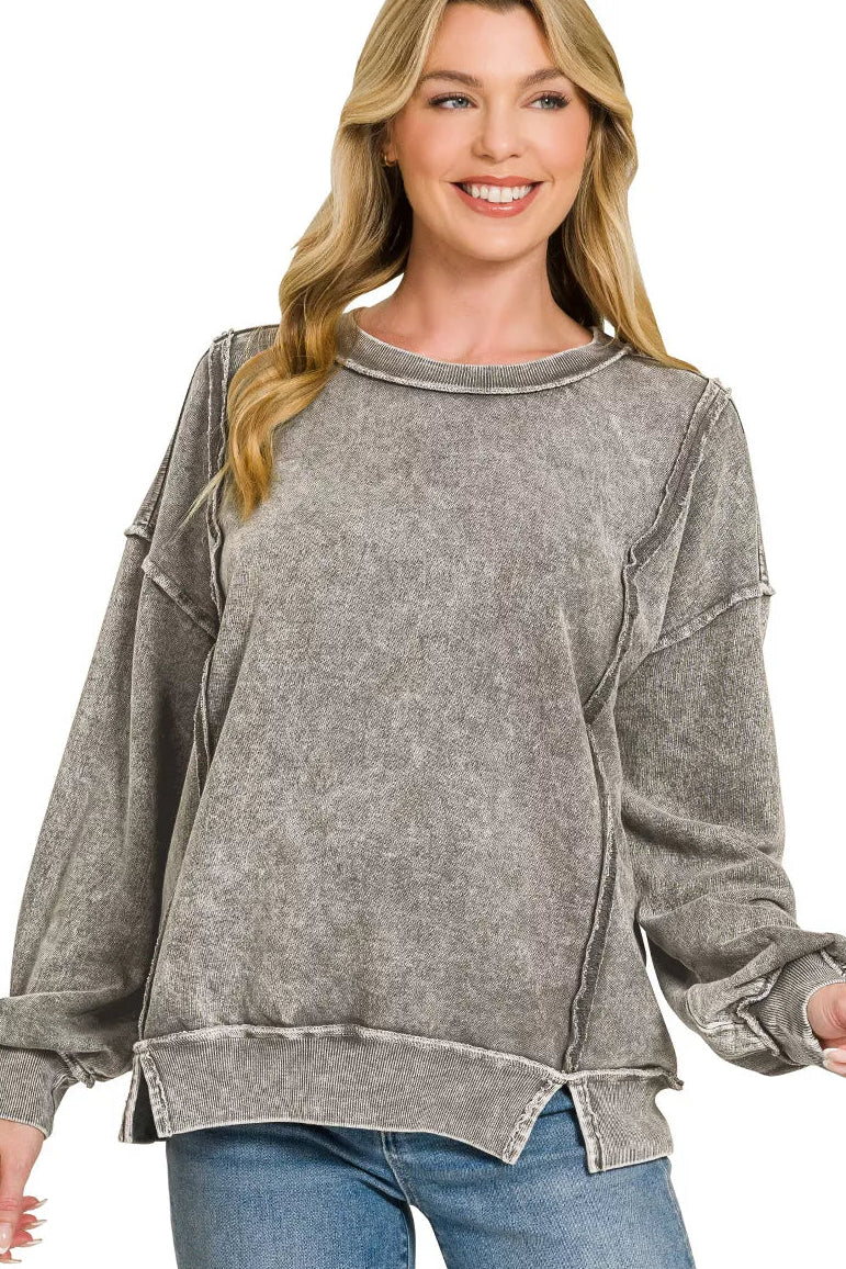 Zenana Snow Washed French Terry Pullover Sweatshirt in Ash Black