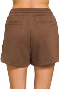 Zenana Scuba Elastic Waistband Shorts with Pockets in Brown