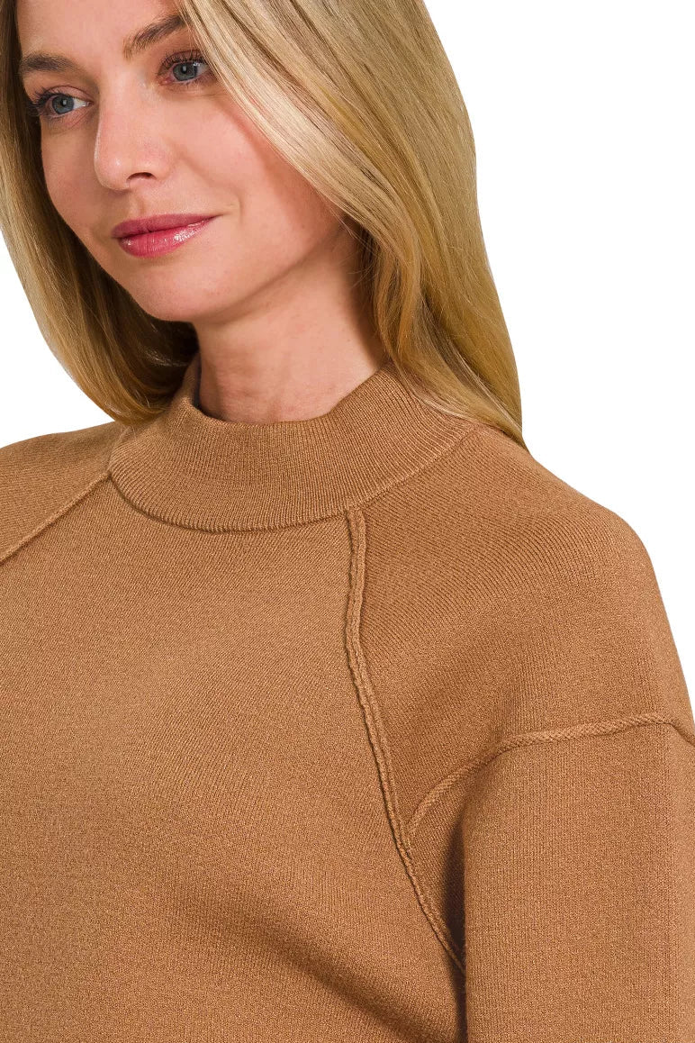 Camel Mock Neck Exposed Seam Sweater