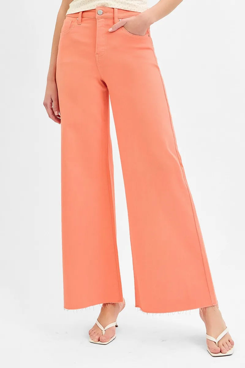 Risen High Rise Tummy Control Wide Leg Coral Palazzo Jeans