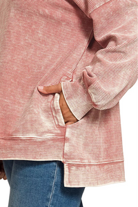 Acid Washed Double Ribbed Hi-Low Pullover Sweatshirt in Winter Rose