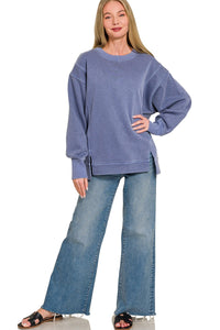 Zenana Pigment Dye Exposed-Seam Fleece Sweatshirt in Light Navy
