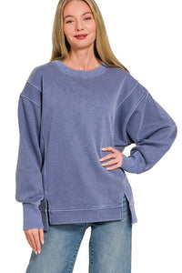 Zenana Pigment Dye Exposed-Seam Fleece Sweatshirt in Light Navy