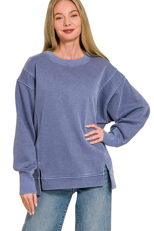 Zenana Pigment Dye Exposed-Seam Fleece Sweatshirt in Light Navy