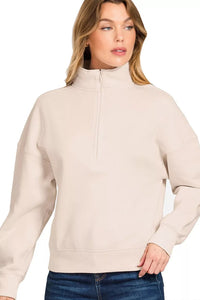 Fleece High Neck Half Zip Sweatshirt in Sand Beige