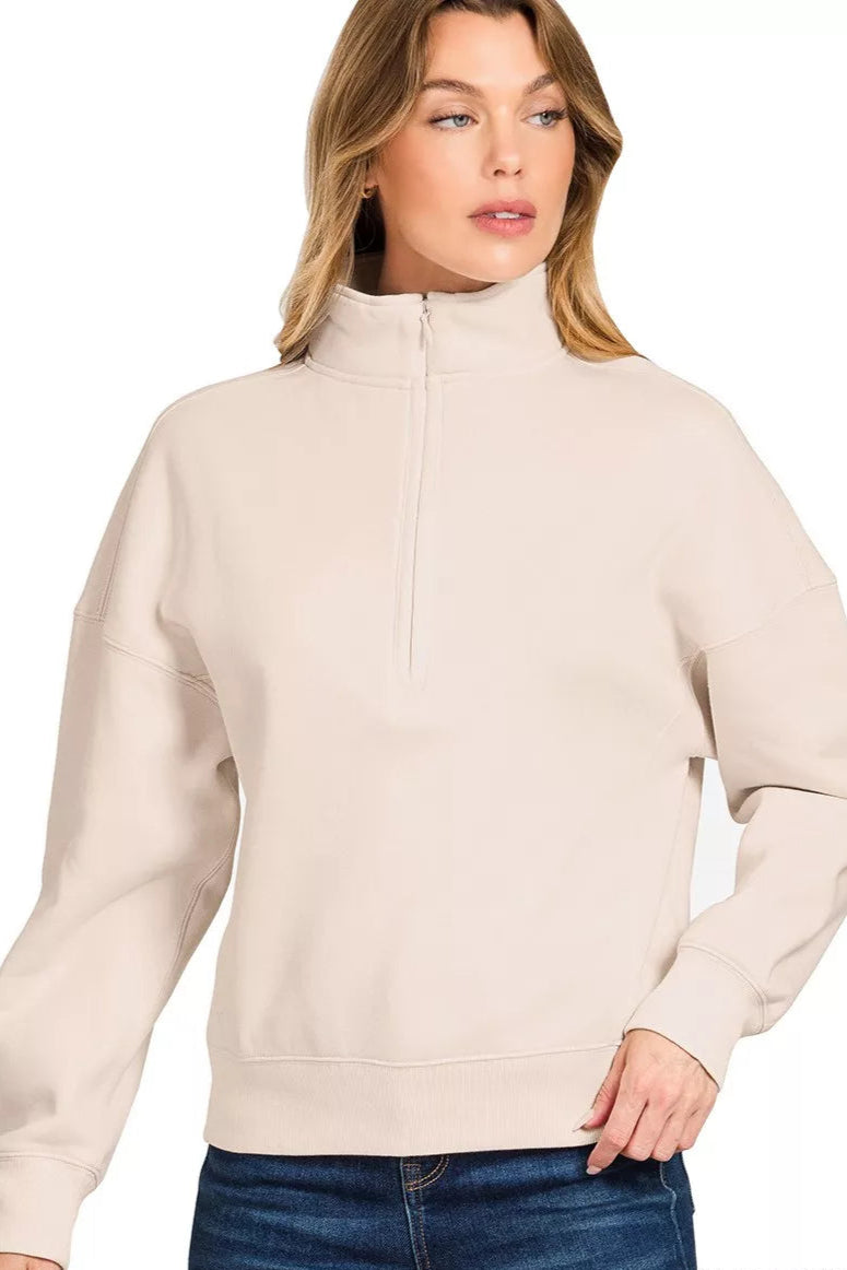 Fleece High Neck Half Zip Sweatshirt in Sand Beige