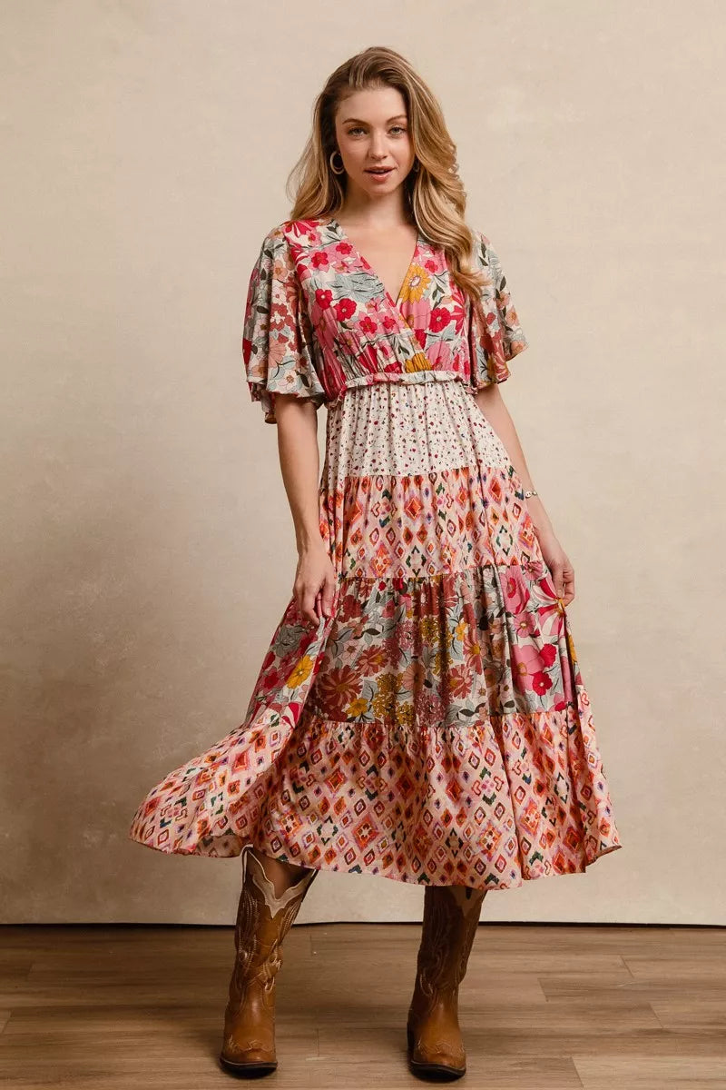 Bibi Floral Print Mix Midi Dress
