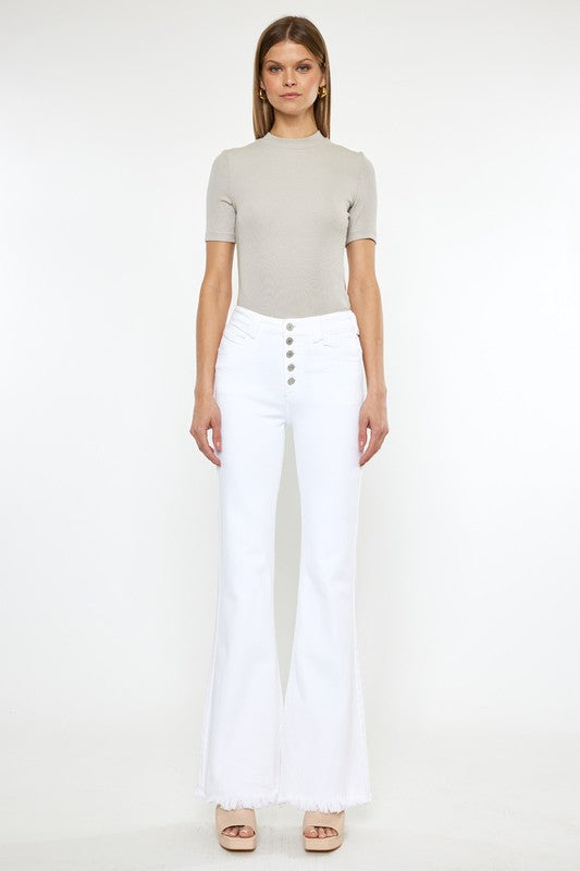 Kancan High Rise Button Fly White Flare Jeans