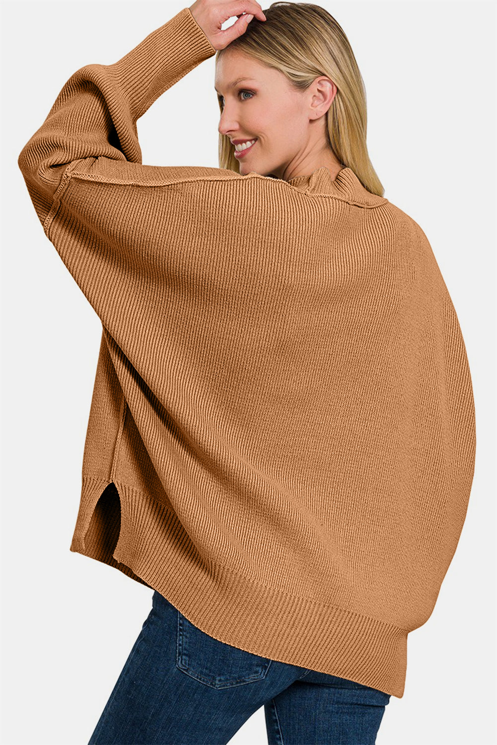 Slouchy Side Slit Oversized Sweater - Deep Camel