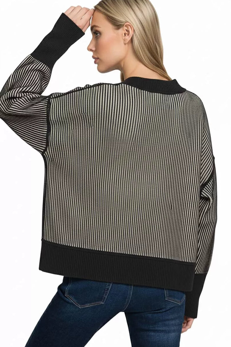 Zenana Ribbed Exposed Seam Two Tone Sweater in Black