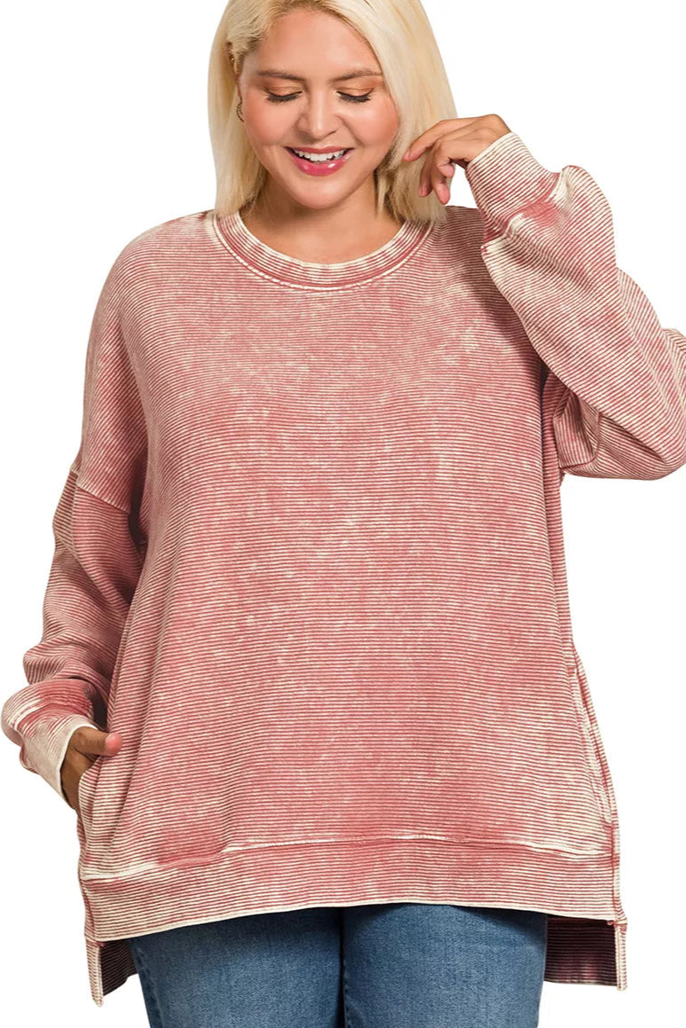 Acid Washed Double Ribbed Hi-Low Pullover Sweatshirt in Winter Rose