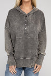 French Terry Acid Wash Snap Front Pocket Hoodie
