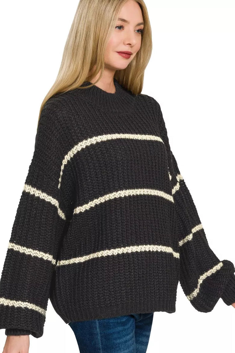 Zenana Oversize Striped Sweater in Black