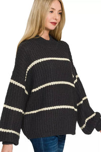 Zenana Oversize Striped Sweater in Black