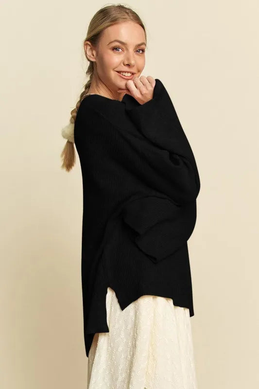 High-Low Round Neck Drop Shoulder Sweater in Black