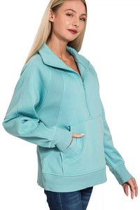 Zenana Half Zip Fleece Sweatshirt with Kangaroo Pocket in Dusty Teal