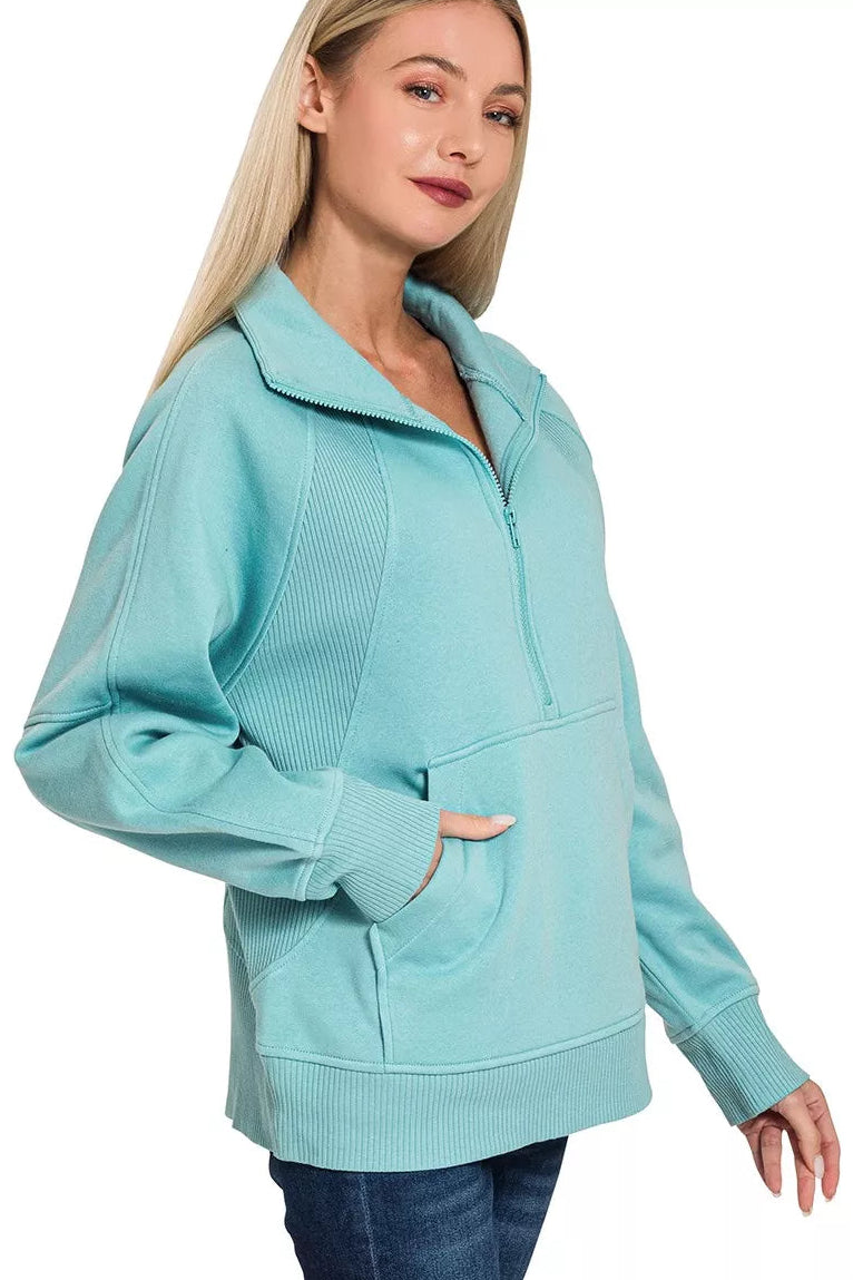 Zenana Half Zip Fleece Sweatshirt with Kangaroo Pocket in Dusty Teal