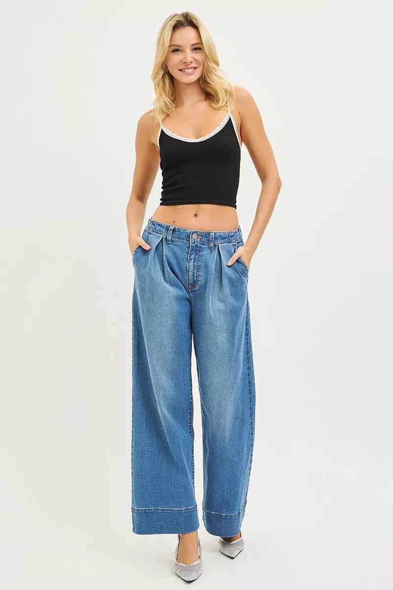 Risen High Rise Pleated Wide Leg Jeans PW21545