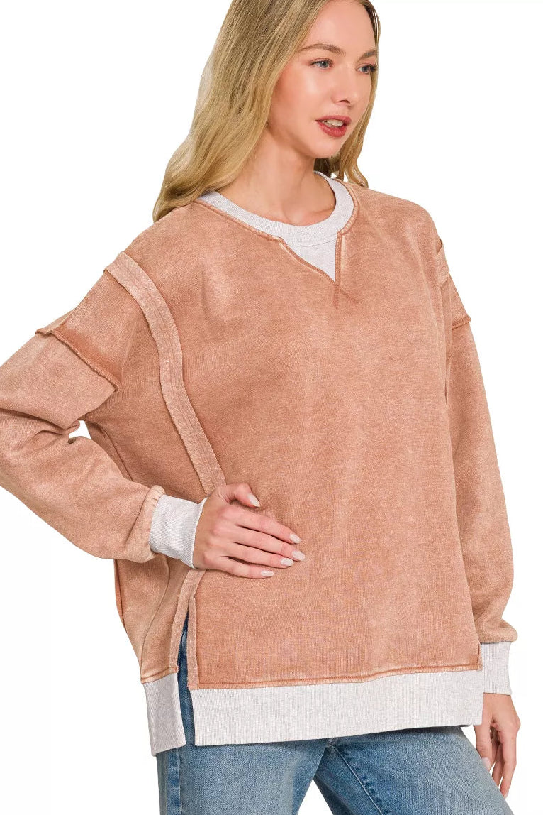 Zenana Fleece Acid Washed Contrast Trim Sweatshirt in Rust
