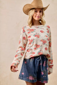 Bibi Floral Print Washed Waffle Knit Thermal Top