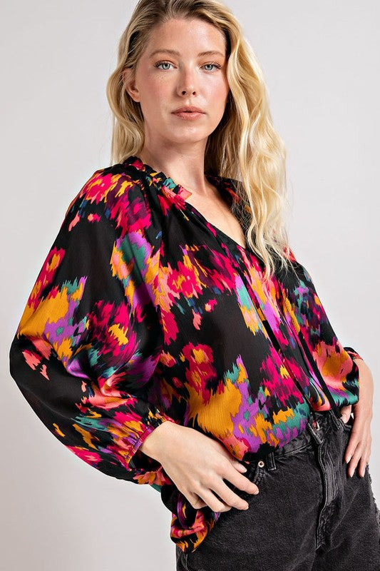 Abstract Watercolor V-Neck Blouse