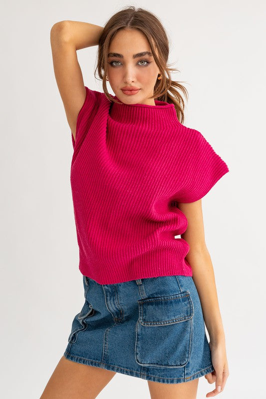 Mock Turtle Neck Cap Sleeve Sweater Vest