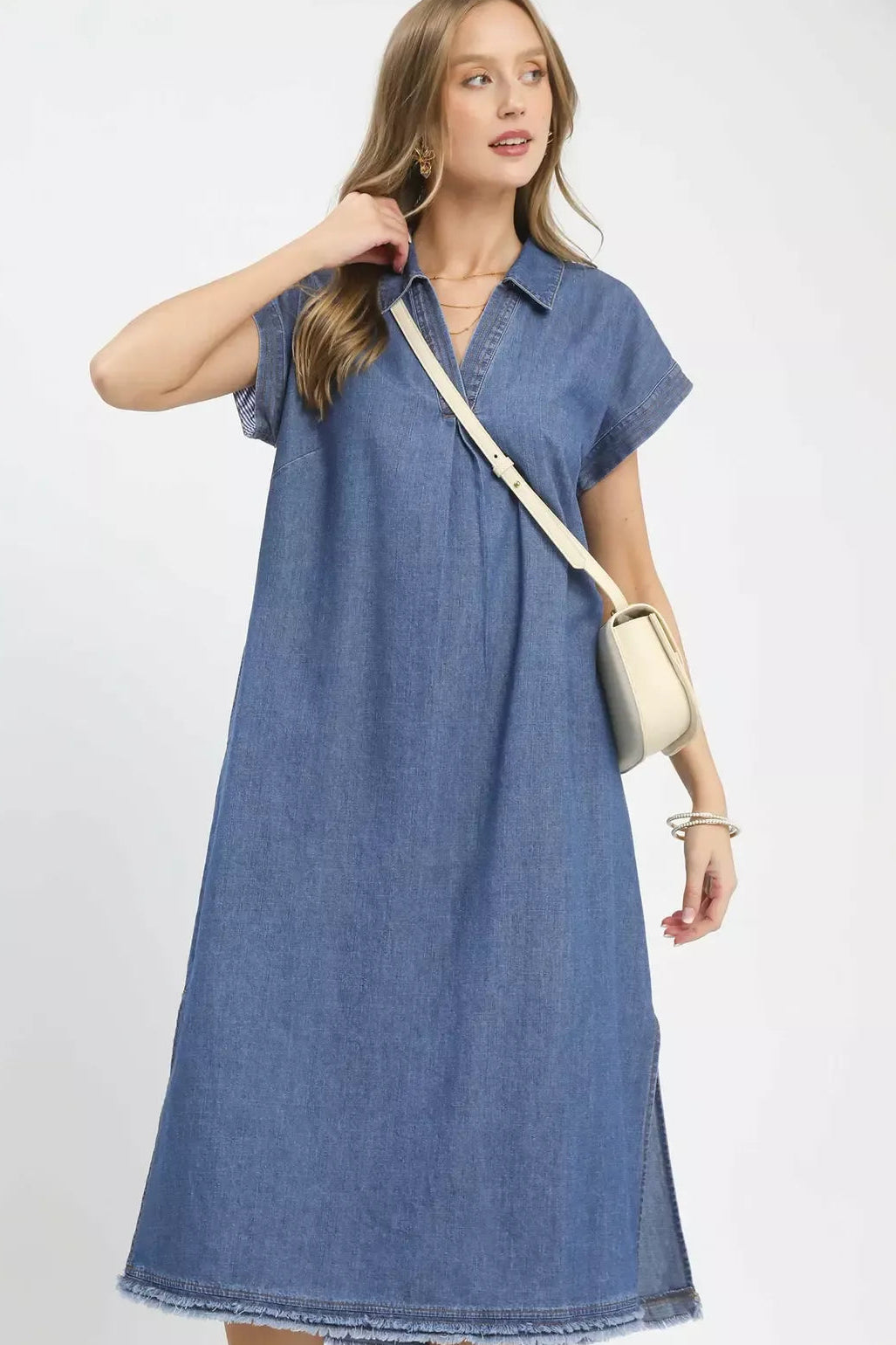 Umgee Stone Washed Collared Denim Midi Dress