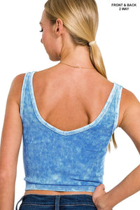 Zenana Washed 2 Way Neckline Ribbed Tank in Ocean Blue