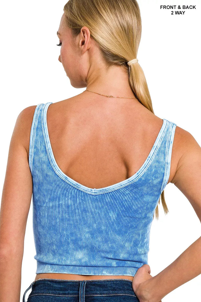 Zenana Washed 2 Way Neckline Ribbed Tank in Ocean Blue