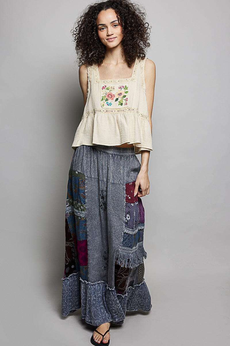 POL One of a Kind - Printed Patchwork Embroidered Ruffled Skirt