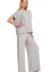 Zenana Raised Rib Relaxed Top &amp; Pants Set Sleet Grey