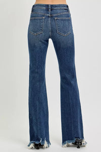 Risen Mid Rise Dark Wash Frayed Hem Flare Jeans