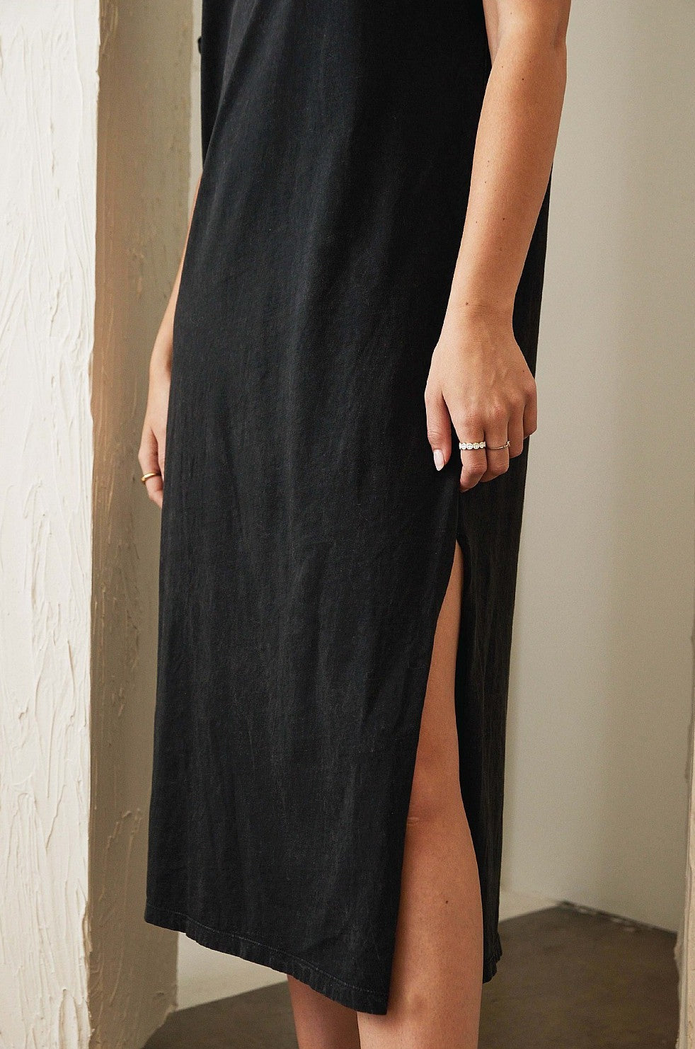 Vintage Black Mineral Washed Cotton Jersey Casual Midi Dress