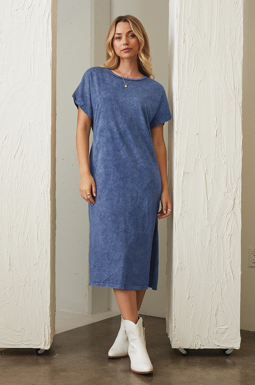 Vintage Mineral Washed Cotton Jersey Casual Midi Dress