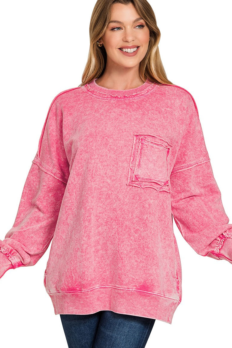 Zenana Halo Washed French Terry Pullover Sweatshirt in Red