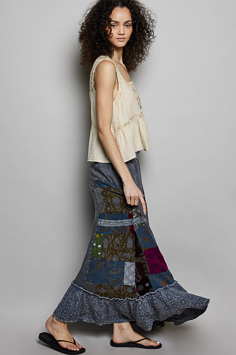 POL One of a Kind - Printed Patchwork Embroidered Ruffled Skirt