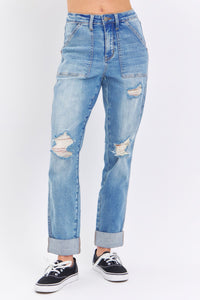 Judy Blue High Rise Patch Pocket Distressed Boyfriend Jeans