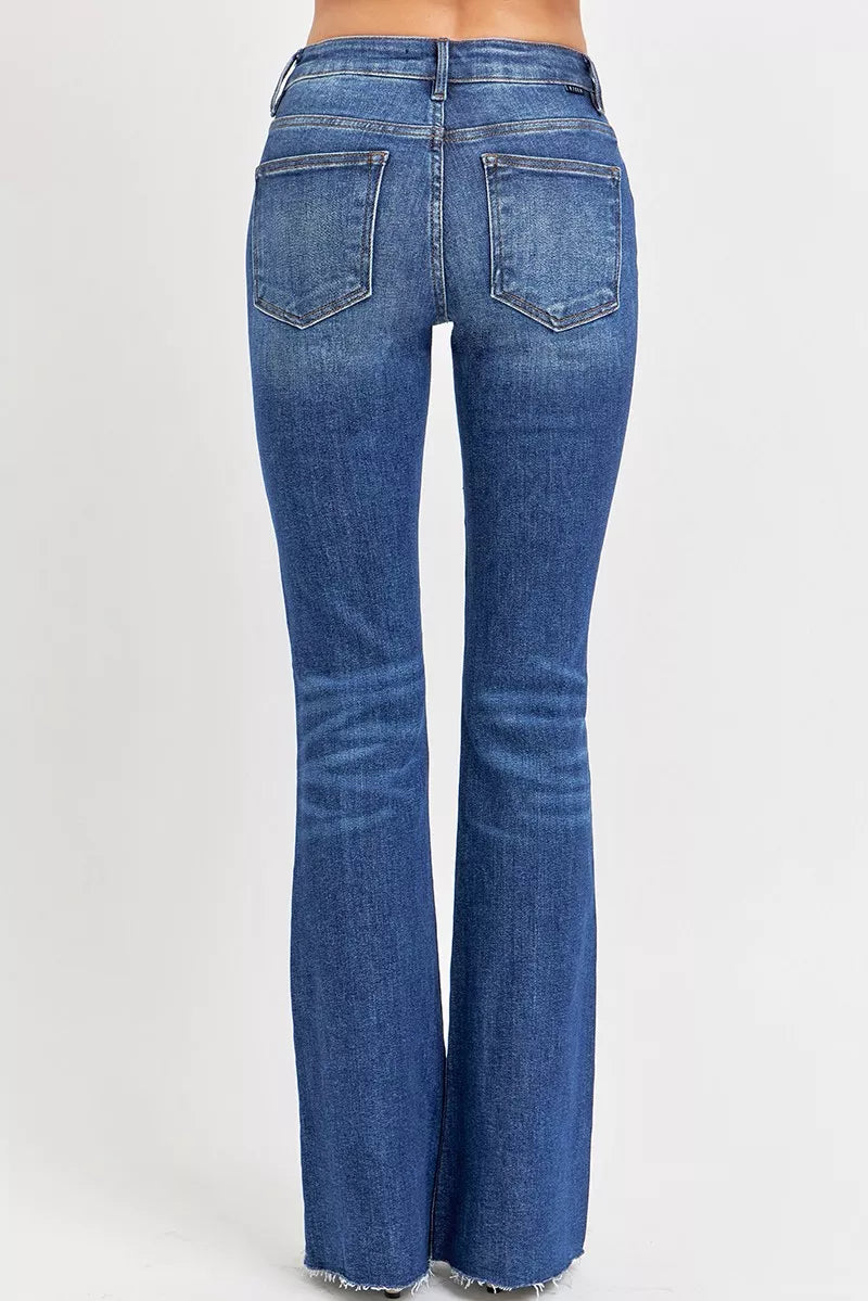 Risen Mid Rise Subtle Distressed Dark Wash Flare Jeans
