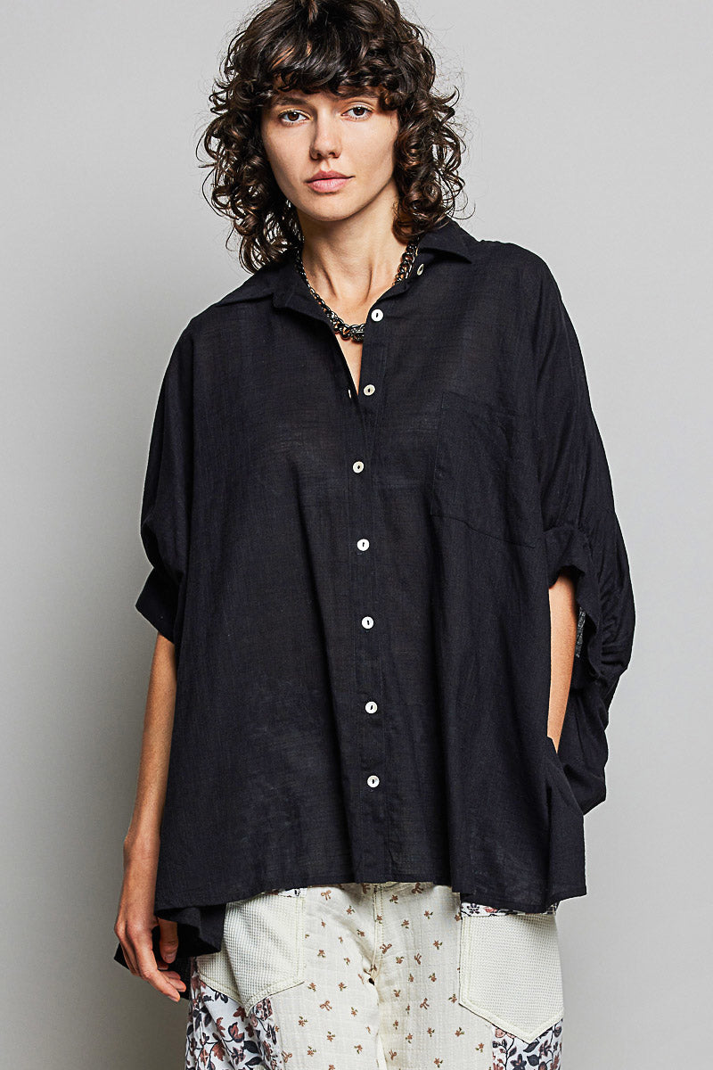 Black Cotton Button Down Half Dolman Sleeve Shirt