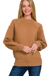 Camel Mock Neck Exposed Seam Sweater