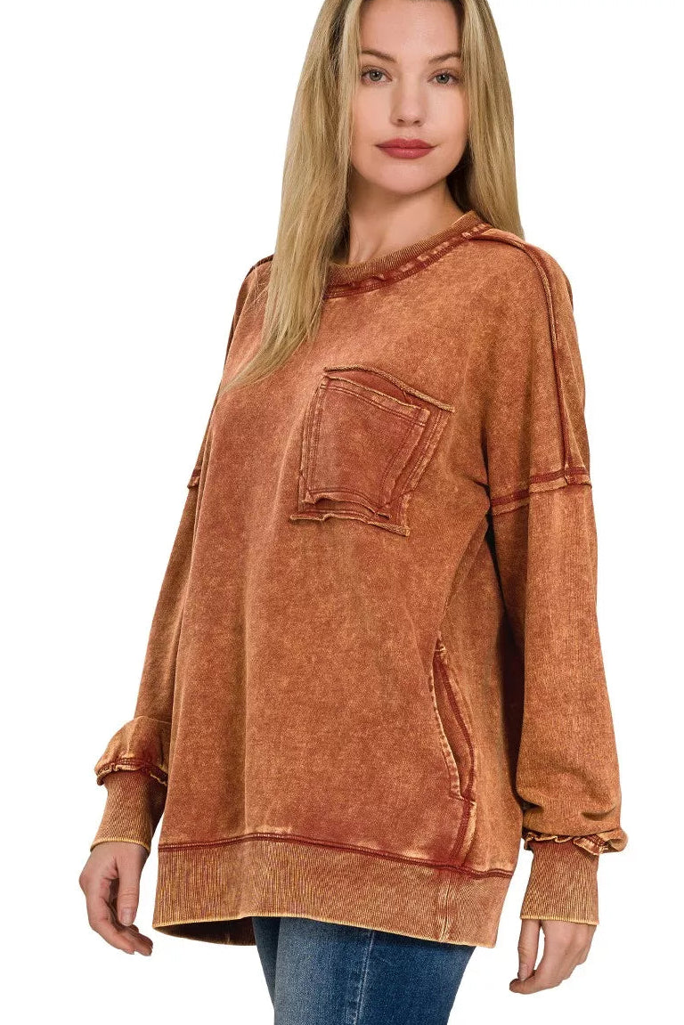 Acid Washed French Terry Pullover Sweatshirt in Rust